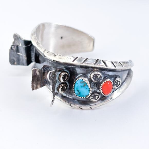 Vintage Milton Lasiloo Native Zuni Sterling Silver Turquoise Coral Watch Cuff 6" - Picture 5 of 12
